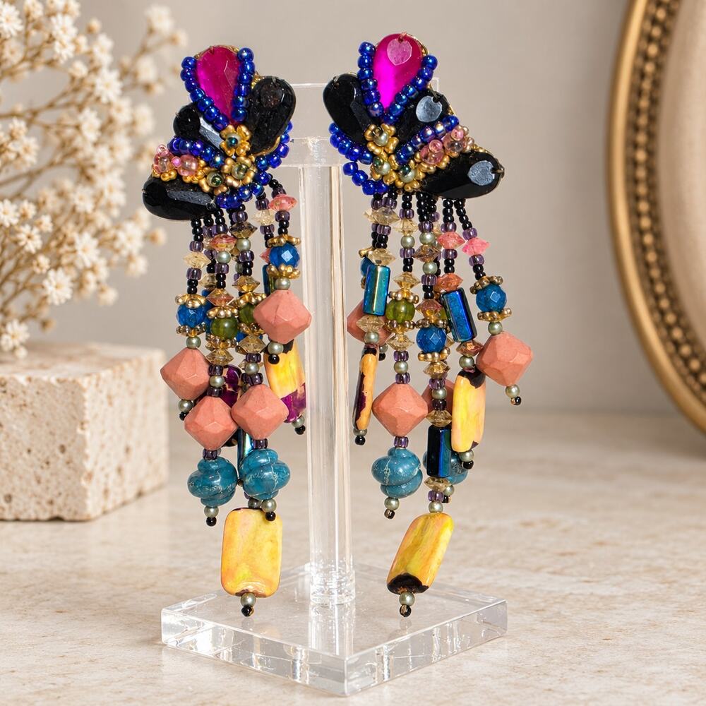 Vintage Colleen Toland Statement Earrings 4.5" Clip On Colorful Beaded